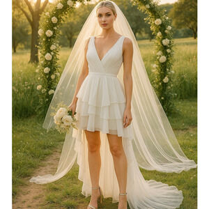 NEW leena Mac Duggal 55320 High Low Tiered Gown Built in Bodysuit Size 6